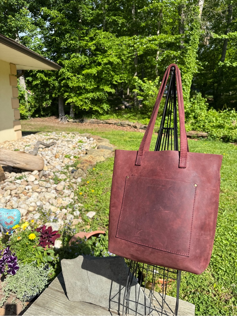 Burgundy Leather Tote Bag with Front Pocket - Women’s Everyday Carry